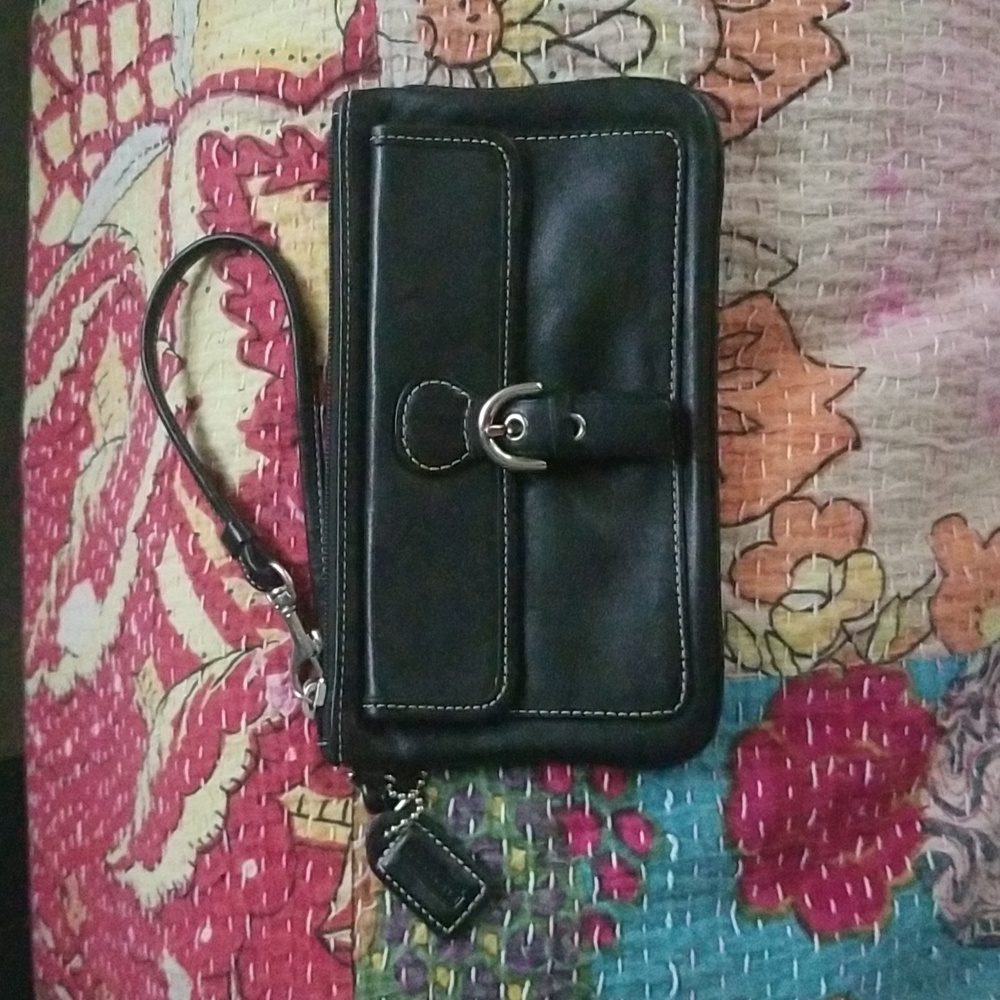 Coach Black Leather Buckle Flap Wristlet/Clutch